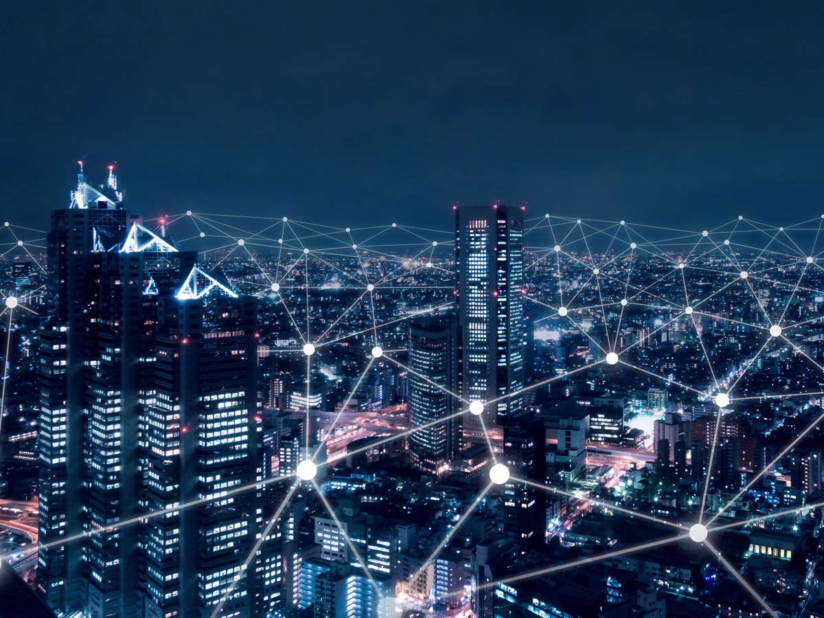 Faculty of Science, Telecommunication network above city, wireless mobile internet technology for smart grid or 5G LTE data connection, concept about IoT, global business, fintech, blockchain